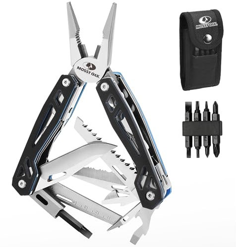 Mossy Oak Multifunktionszange 22-in-1 Multi-Tool Edelstahl Multifunktionale Zange Faltbar Multitool Werkzeug mit 4 Bits, Messer, Lineal, Säge für Wandern Camping Reparieren mit Tragtasche Schwarz