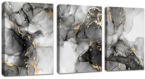 3 Pcs Leinwandbilder Bilder mit Rahmen Marmor grau gold weiß bild auf leinwand Wandkunst Modern Wandbilder Kunstdruck Deko für Wohnzimmer Schlafzimmer fertig zum Aufhängen 120x60cm(40x60x3)