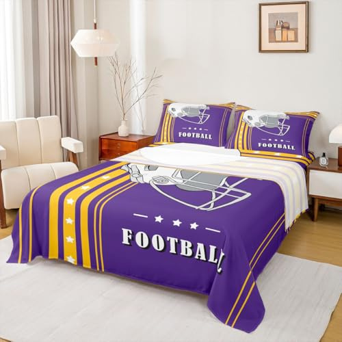 Erosebridal Sport City Sheet Set Football Gifts for Boys Kids Full Sheets, Sports Team Style Bed Sheets Set for Teen Girls Football Helmet Bedding Set, Purple Yellow White