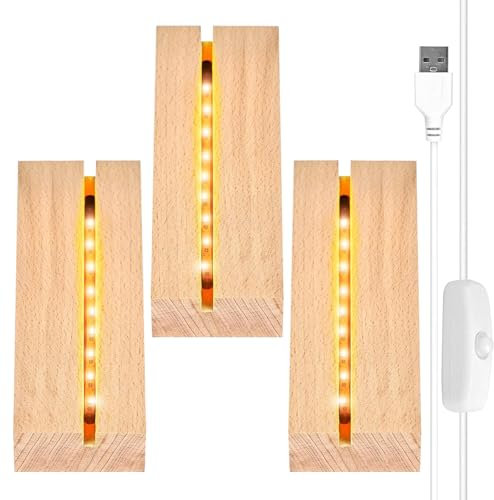 JOKILY Lot de 3 socle - Base d'affichage en bois LED - Socle de lampe rectangulaire éclairé - Interrupteur USB pour plaque acrylique épaisse DIY - Verre en cristal led