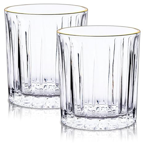 Raisaplin Whiskey Glasses Set of 2 with Gold Rim, 350ml/ 12oz Crystal Old Fashioned Rocks Barware Scotch Bourbon Whiskey Tumblers Snifter for Cocktail Cognac Vodka Drinks Rum Liquor Bar Gifts