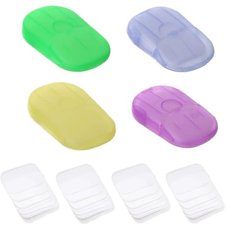 DHWEKU Hojas de Jabón,Papel de Jabón,4x Cajas(80 Hojas en Total) de Hojas de jabón,jabón Papel portátil,colores surtidos,Jabones en Papel Desechables Mini Jabón de Papel Portátil con Caja de Plástico