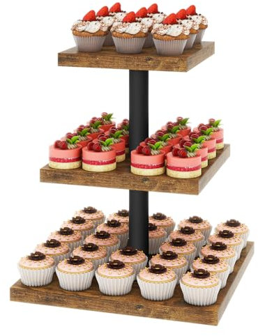 IBUYKE Soporte para Tartas de 3 Pisos,Soportes de madera para magdalenas,Soporte Cuadrado para Cupcakes,Torre de Postre,Bandeja de Tartas para Navidad,cumpleaños,Fiesta en Casa,Boda,Marrón TLJ014H