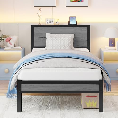 Rustic Single Bed Frame Wooden Storage Headboard Heavy Metal Base,Grey | Wood headboard with storage shelf.Sturdy metal frame,no box spring needed. Quiet & strong support.for kids' room, guest room.