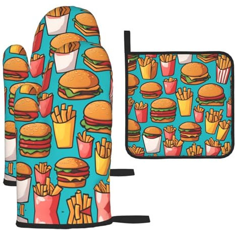 Ofenhandschuhe und Topflappen mit Cartoon-Burger-Pommes-Motiv, hitzebeständig, 3-teiliges Küchen-Topflappen zum Backen, Grillen, Grillen