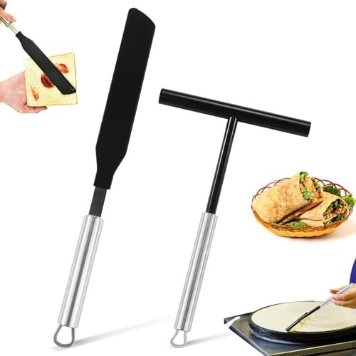 Crepes Verteiler, 2 Stück Crepes Wender Edelstahl Teigverteiler für Crepes Aufhängbar Crepe Verteiler und Pfannkuchenwender Crepes Maker Zubehör für Pfannkuchen Küche Backen