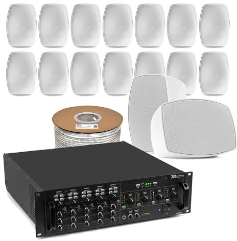 Power Dynamics 4 Zone Audio Matrix System with 16x BHW60WH 6.5 Wall Speakers - White, Commercial Speaker Set, Multi Zone PA, Background Music, Matrix Audio for Indoor & Outdoor Use, Bluetooth