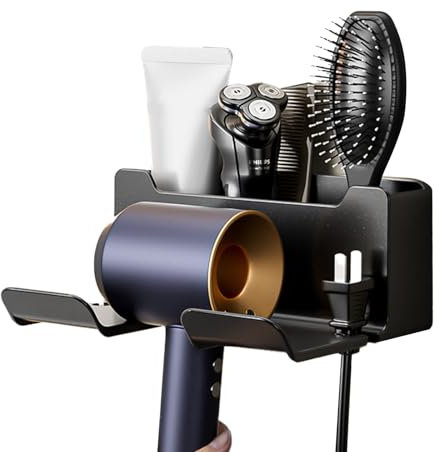saijer Fönhalter Ohne Bohren, Föhn Halterung Föhnhalter Wand Ohne Bohren Haartrocknerhalter mit Kabelhalter und Ablagefach Halterung für Badezimmer Geeignet für Die Meisten Haartrockner(Grau)