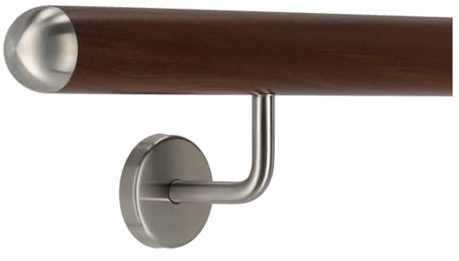 TIBU Pasamanos de aluminio nogal decoración de madera 30-600 cm pasamanos de pared escalera soporte de acero inoxidable en ángulo, longitud 70 cm con 2 soportes y tapa semicircular