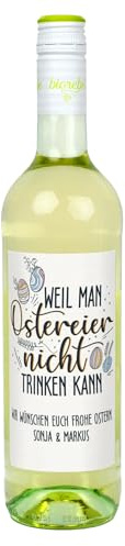 Herz & Heim® Personalisierter Osterwein – Rotwein, Weißwein oder Rosé mit Wunschtext – Oster-Motive – Weinflasche mit personalisiertem Etikett (Ostereier kann man nicht trinken, 0,75 Liter, Weißwein)