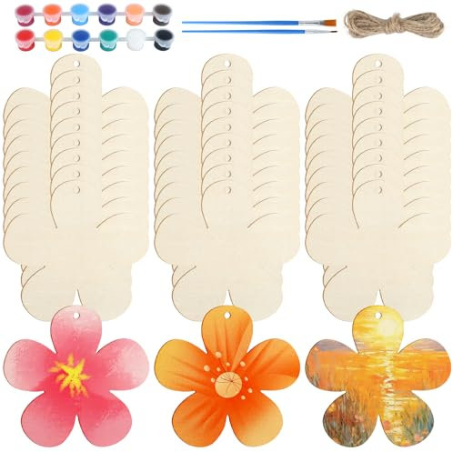 Qichan 30 Stück Holzblumen zum Bemalen, 7,5cm Blanko Holzanhänger zum Bemalen mit 10m Hanfseil und 12 Farben, Holzscheiben Unbehandelt Blumen, Basteln Frühling für DIY Handwerk Scrapbooking