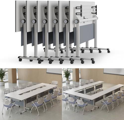 Meedlopia Weißer Konferenztisch, quadratischer, moderner rollbarer Besprechungstisch, beweglicher Computertisch, Seminar- und Sitzungssaaltisch zum Arbeiten im Arbeitszimmer