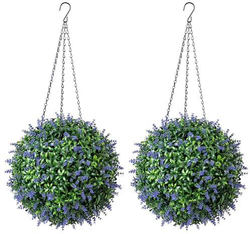 CHRISTOW Pair of Artificial Lavender Topiary Balls, 30cm Faux Leaf & Flower Hanging Ornaments, Decorative Outdoor Garden Plants, Lush Lifelike Foliage, UV Fade Protected, Pre-Attached Chain with Hook