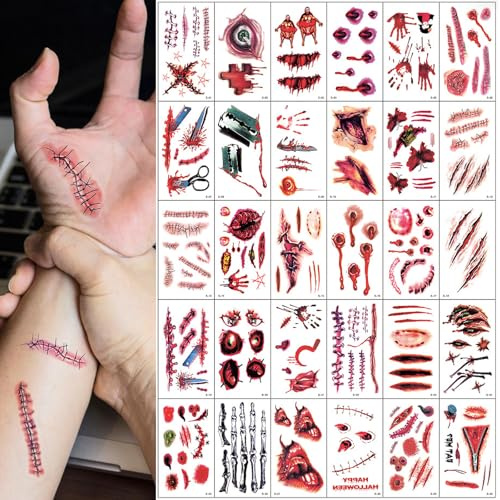 ZYEKIU 30 Stück Halloween Tattoo Gesicht, Langlebig Realistisch Narben Halloween, Horror Kinder Erwachsene Gesichtstattoo Gesichtsaufkleber, für Karneval Fasching Motto Party
