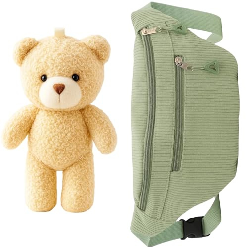 Bauchtasche Damen, Brusttasche Damen, 2-teiliges Set mit Gürteltasche und Plüschanhänger, Große Bauchtasche aus Stoff für Alltag, Sport und Reisen, Grün