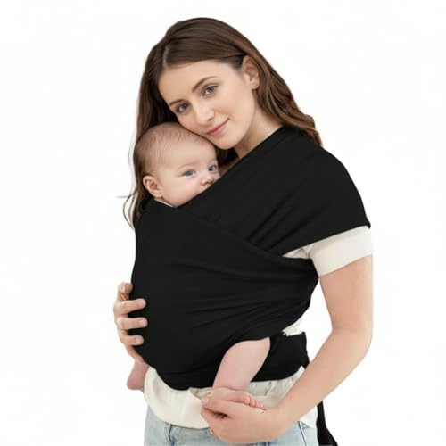 Dams Babytragetuch – Ergonomisch – Weiches, Atmungsaktives Tragetuch aus Polyester & Spandex – Für Neugeborene bis 15,9 kg – Stillfreundlich, Waschbar & Unisex für Mama & Papa (Schwarz)