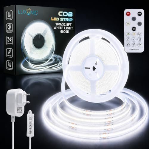 LUXONIC COB LED Streifen 10M 6000K Weiß Dimmbar 24V Super Hell LED | 8MM CRI90+Silikon Flexibel LED Strip mit Fernbedienung&Netzteil,Selbstklebend Lichtband für Schränke/Küche Beleuchtung Deko