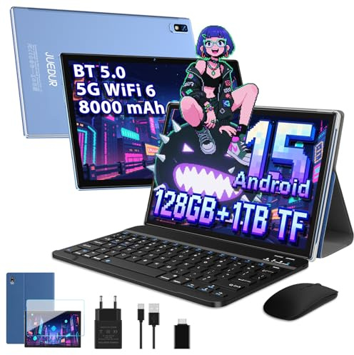 JUEDUR Tablet 10 Pollici Android 15, 22GB RAM+128GB ROM (1TB TF), Octa-Core, 5G+2.4G WiFi 6, Widevine L1, GPS, Face ID, Bluetooth 5.0, 8000mAh, 5+8MP, Tablet 2 in 1 con Tastiera e Mouse - Blu