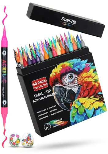 60 Acrylic Paint Markers, 120 Colours Acrylic Paint Pens with Brush Tip | Dual Tip Dual Colour | Multi-surface | Waterproof | Vibrant Colour |Strong Coverage | Art Pens for Wood, Canvas, Stone, Glass