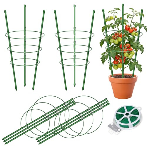 MYMULIKE 4 Pack Tomaten Rankhilfe, Tomato Rack Round Green 45CM, Einstellbar Rankstütze Für Kletterpflanzen Rund, Geeignet für Tomaten, Gurken, Zimmerpflanzen, Gartenpflanzen with tie 20M/1 roll