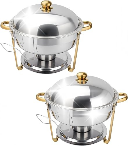 Chafing Dish Buffet Set, 2 Pack 6 Quart Round Chafing Dishes & Food Warmers, 6.8 L Gold Chafing Dishe for Buffet, Stainless Steel Chafer for Catering Lid & Lid Holder, Food Warmers for Any Partie