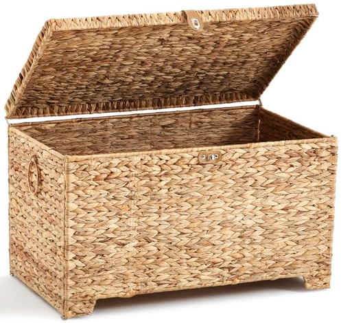 Wonderjune Baúl de almacenamiento de mimbre de jacinto de agua de 30 x 18.5 x 18.1 pulgadas con marco de metal, baúl de almacenamiento resistente con tapa, cesta grande de ratán para mantas, ropa de