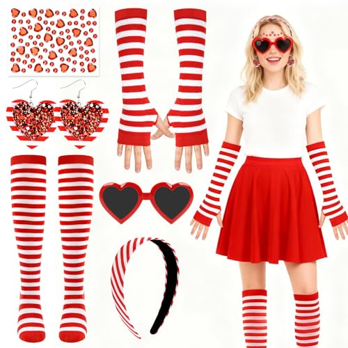 SREBIWO Karneval Kostüm Damen, Rot Weiß Karneval Haarreif, Handschuhe, Strümpfe, Herz Brille, Ohrringe, Glitzerstein Aufkleber für Kölner Karneval Damen, Kölle Faschingskostüme Zubehör