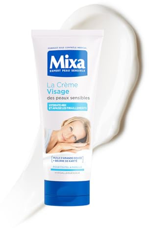MIXA - Crème Visage Peaux Sensibles - Hydratation 48H & Apaisante - Huile d’Amande Douce + Vitamine E - Nourrit & Protège - Toute la Famille - 100ml