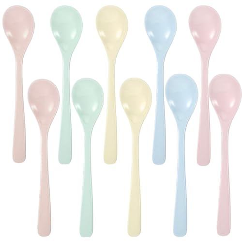 Eierlöffel Kunststoff,10 Stück Bunte EierlöffelKunststoff,Eislöffel Plastik Löffel Klein wiederverwendbar,Eierlöffel Kunststoff Bunt,Anti-Tropf Imitation Porzellan Geschirr lange Löffel für Getränke