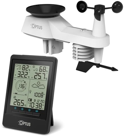 Optus Hurricane Estación meteorológica profesional 5 en 1 | Temperatura interior y exterior, humedad, pluviómetro, anemómetro, previsión meteorológica, aviso de helada