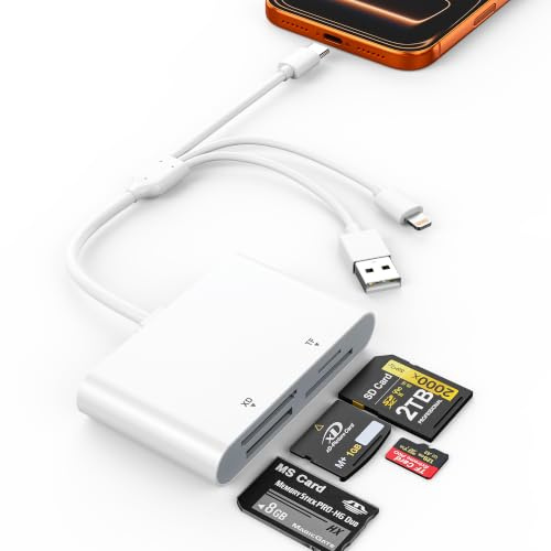 Lecteur Carte XD pour iPhone 4 en 1, Lecteur/Adaptateur Carte SD/XD/Micro SD/Memory Stick Pro Duo avec Ports Light-ning USB-A/USB-C, Compatible iPhone 17/16, Android, Windows, Mac OS, Chrome OS