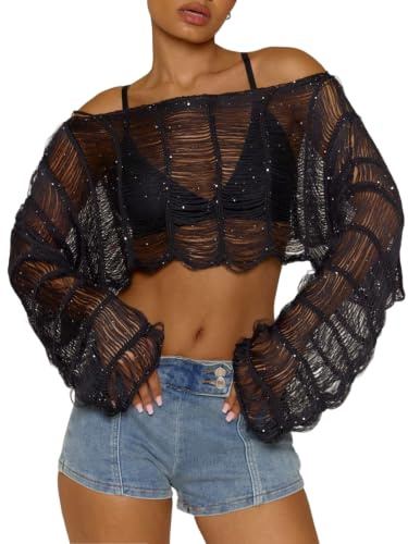GORGLITTER Damer supercrop top glitter långärmad mikro topp transparent topp höst långärmad topp festival outfit axelfri festtopp, svart, L