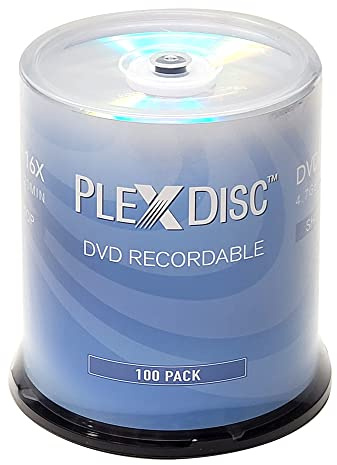 PlexDisc DVD-R 4.7GB 16x Recordable Media Silver Top Disc – 100pk Cake Box (FFP) 632-115-BX, 100 Discs