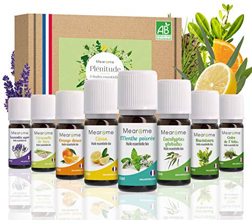 Coffret 8 x 10 ml Huiles Essentielles BIO distillées en FRANCE + Guide d'Aromathérapie PDF | HEBBD, HECT | Kit pour Cuisine, Diffuseur | Bienfaits Respiratoires, Encombrement, Digestion | Mearome