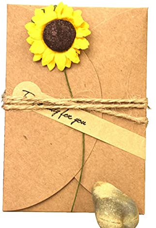 wortek Grußkarten 3 Stück Retro Glückwunschkarten DIY Kraftpapier zum Selbst Gestalten 10,5x7cm mit handgefertigter getrockneter Blume, Jute-Schnur zur kreativen individuellen Gestaltung + Aufkleber
