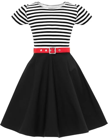BlackButterfly Mädchen Kleid Maria Streifen Swing | Tellerrock, Zweifarbig, Kurzarm, Rundausschnitt, Roter Gürtel, Gefüttert, Seitlicher Reißverschluss, 3-14 Jahre