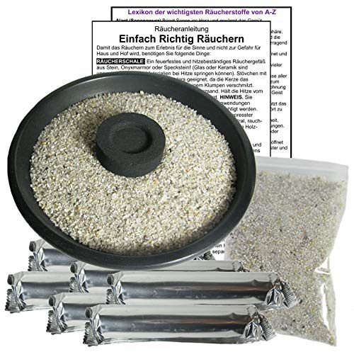RÄUCHERSCHALE 12cm zum RÄUCHERN & AUSRÄUCHERN mit ZUBEHÖR für jedes RÄUCHERWERK & WEIHRAUCH. 9-tlg Räucher SET. Naturstein Schale + 60 x Räucherkohle + Räuchersand + Räucheranleitung. 81589-S12