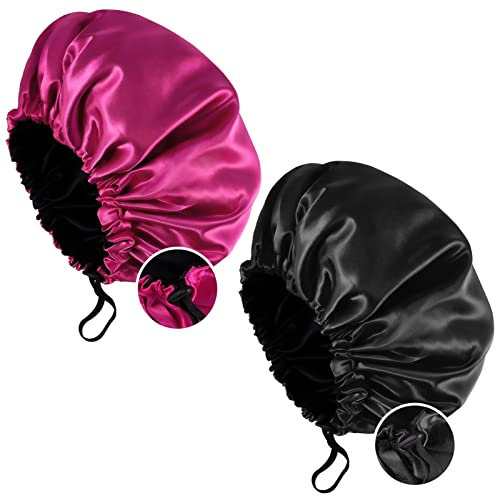Fuyamp 2 Packs Satin Sleep Cap Shower Cap,Adjustable Silky Sleep Bonnet for Women Long Curly Hair, Double-Sided Waterproof Satin Bath Cap Hair Cap for Women Sleeping Bathing(Red+Black)