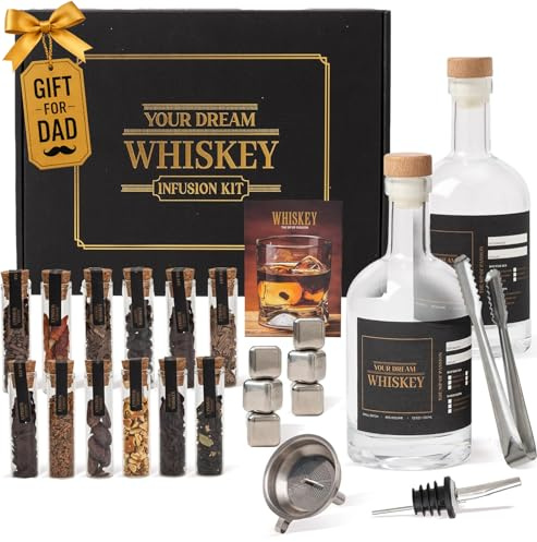 Cadeaux de whisky pour homme – Kit de fabrication de whisky – Kit d'infusion de whisky pour homme avec bouteilles, copeaux de bois, botaniques, pierres à whisky – Ensemble cadeau pour homme – Ensemble