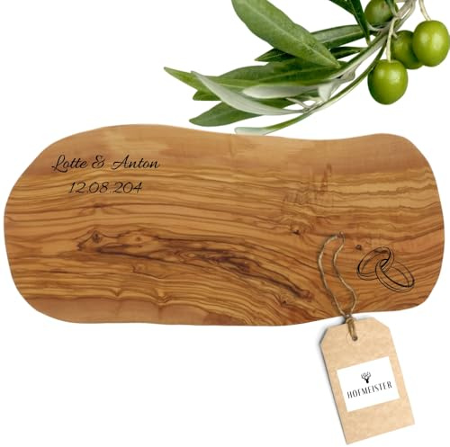 HOFMEISTER® Schneidebrett Olivenholz personalisiert Gravur - Olivenholzbrett Naturschnitt Servierbrett Holzbrett - Geschenk Hochzeit Einweihung Einzug Weihnachten - Holz, 50 cm