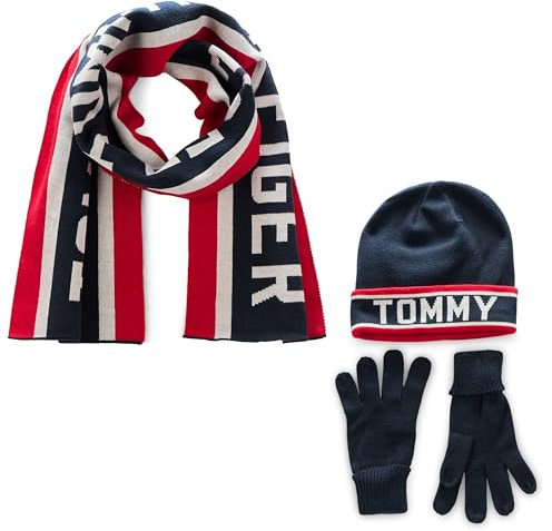 Tommy Hilfiger Herren Varsity Th Set mit Mütze, Handschuh und Schal Beanie, Wüstenhimmel, Einheitsgröße