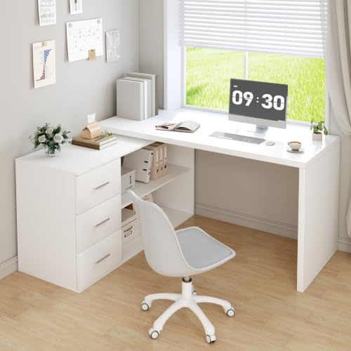 HSH White L Shaped Computer Corner Desk with 3 Storage Drawers 55 inch
