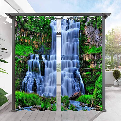 ANHOPE Rideaux D'extérieur Imperméable Rideau Extérieur avec Oeillet Rideaux Imprime Nature Paysage Cascade Rivière Rideau pour Pergola Terrasse Jardin Balcon 132L X 214H cm (2 Panneaux)