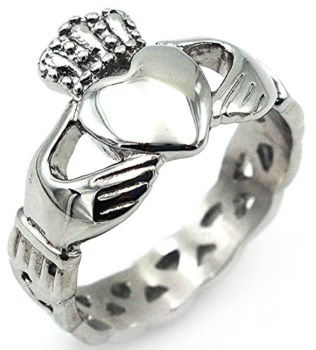 BCughia Vorsteckring Silber, Men Ring Titan Stahl Silberne Krone und Herz Claddagh Ring Valentinstag Ringe Geschenke Größe 70 (22.3)