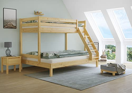Erst-Holz®Doppel-Etagenbett 90 x 200 cm und 140 x 200 cm Erwachsene Kiefer NaturRollrost inkl.
