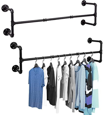 Queiting 2PCS Wall Mounted Clothes Rail 105cm Industrial Pipe Hanger Towel Rack Vintage Garment Bar Heavy Duty Wall Rail for Clothing Rod Hanging Display Holder for Bedroom Laundry