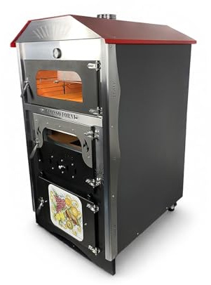 Forno a Legna Fuoco Indiretto Portatile In Acciaio Da Esterno Ventilato+Girarrosto Automatico 3 Piani Cottura In Mattoni refrattari Pizza Pane Pollo Kebab modello Luxor-V2-Top