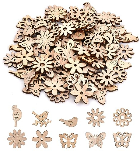 Jinlaili 100pcs Fette di Legno dell Animali e Uccello/ Decorazioni Natale, Fai da Te Decorazione in Legno, Natalizi Decorazione Artigianato, Etichette Natalizie, Ciondoli Natale Legno (B)