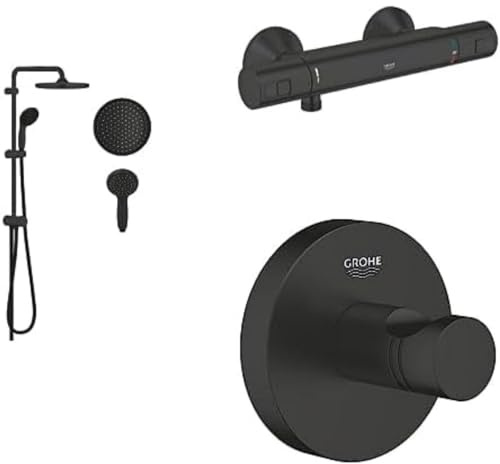 GROHE Start Shower Installation Set (Exposed Thermostatic bar, Flex Shower System with Diverter, 2 Spray Hand Shower 10 cm, Robe Hook), Matt Black
