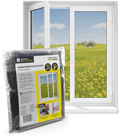 EASYmaxx Fliegengitter für Fenster mit Klettverschluss | Moskitonetz zuschneidbar bis 150x130cm | Einfache Montage des Insektenschutzes - ohne Bohren & Schrauben | Selbstklebendes Klettband [Schwarz]